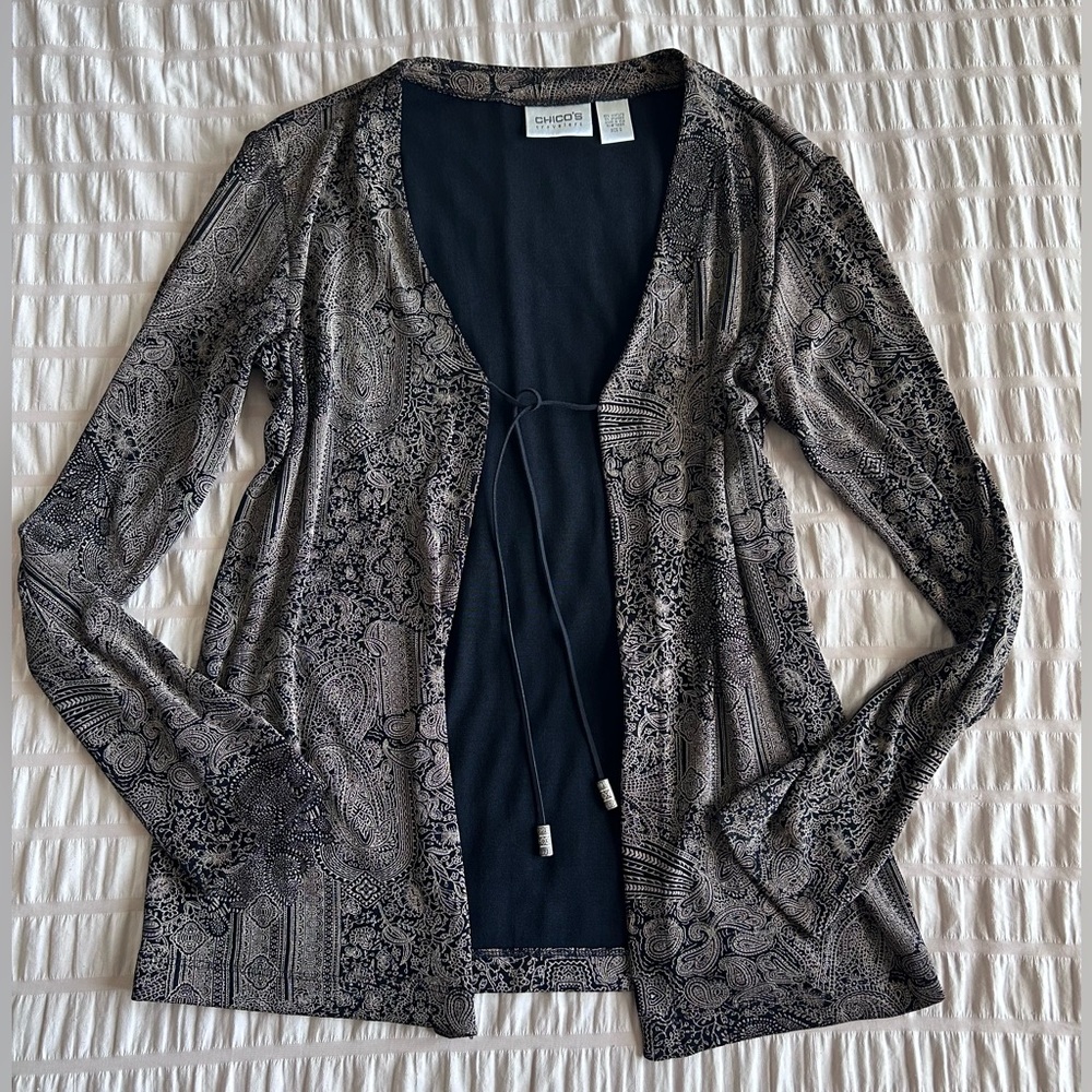 Chico's Travelers Black and Gold Tie Front Cardigan (0)